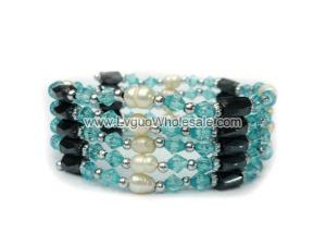36inch Sky Blue Glass Beads, Freshwater Pearl,Magnetic Wrap Bracelet Necklace All in One Set